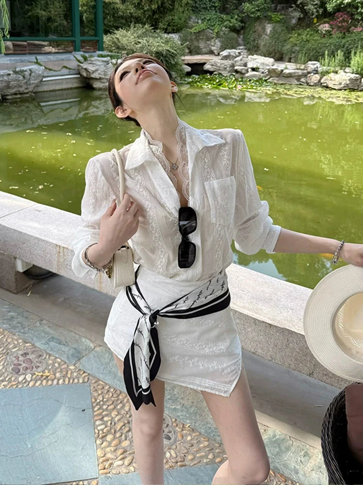 

Комплект XZY: Летний костюм с юбкой А-силуэта и блузкой с кружевными вставками, большие размеры, модный дизайн, для офиса и повседневной носки