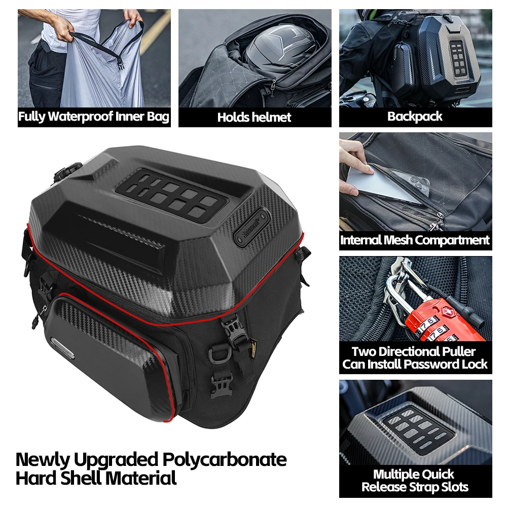 Rhinowalk Motorcycle Tail Bag 23L-35L Expandable Helmet Storage Backpack Hard Shell Back Seat Saddlebag Motorcycle Travel Riding