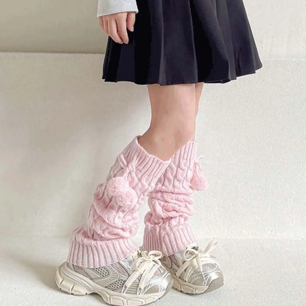 Cute Korean Style Children's Leg Warmers Balletcore Harajuku Knitted Leg Cover Woolen Lolitas Plush Ball Leg Socks Autumn/Winter