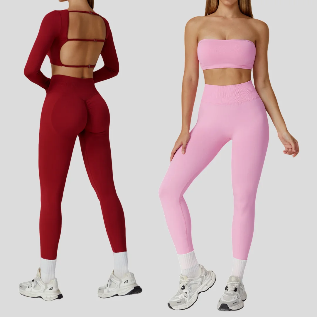 

Seamless Yoga Set Sports Fitness High Waist Peach Hip Backless Breathable Running Workout Clothes Gym Leggings Tracksuit Suit