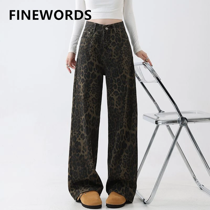 

FINEWORDS High Waist Korean Casual Leopard Printed Jeans Women Streetwear Baggy Vintage Denim Pants Easymatch Wide Leg Jeans