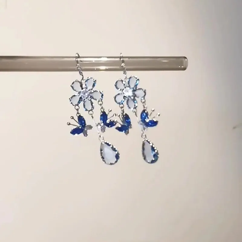 Popular Simple Feeling Broken Blue Butterfly Water Drop Tassel Earrings Exquisite Temperament Niche Design Versatile Earrings