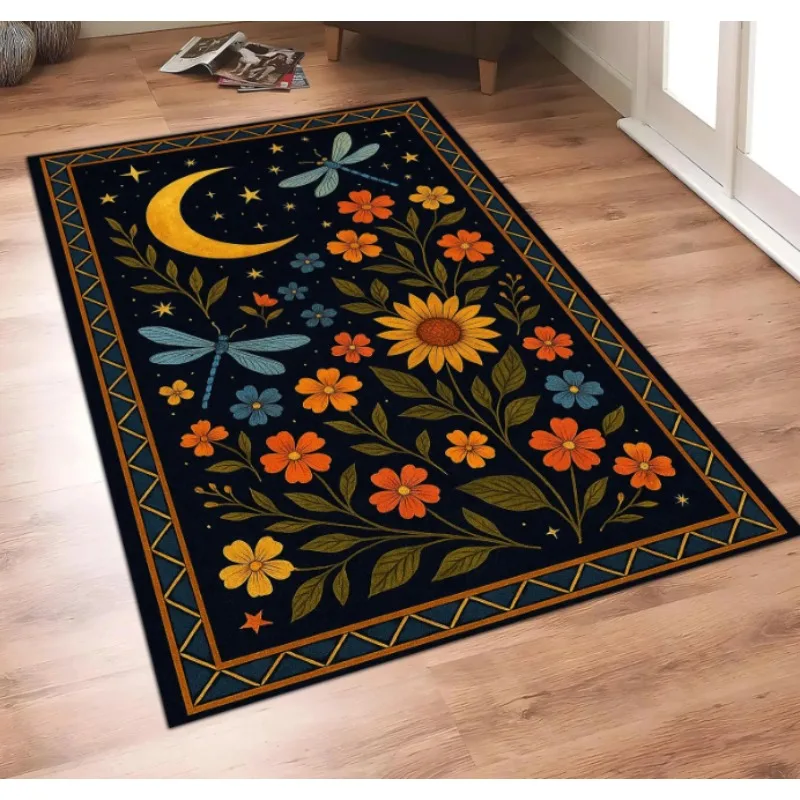 Moonlight Garden Rug with Celestial Motifs Featuring A Crescent Moon Dragonflies Nature-inspired Rug for Living Room and Bedroom