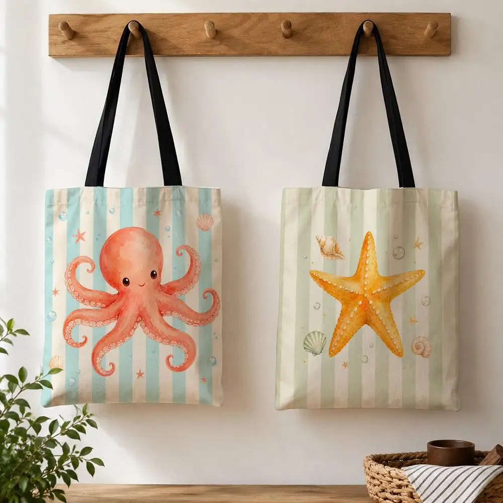 Cute Line Art of Sea Animals Storage Bags Large Capacity Canvas Tote Bag Double-Sided Print Shoulder Handbag for Daily Shopping