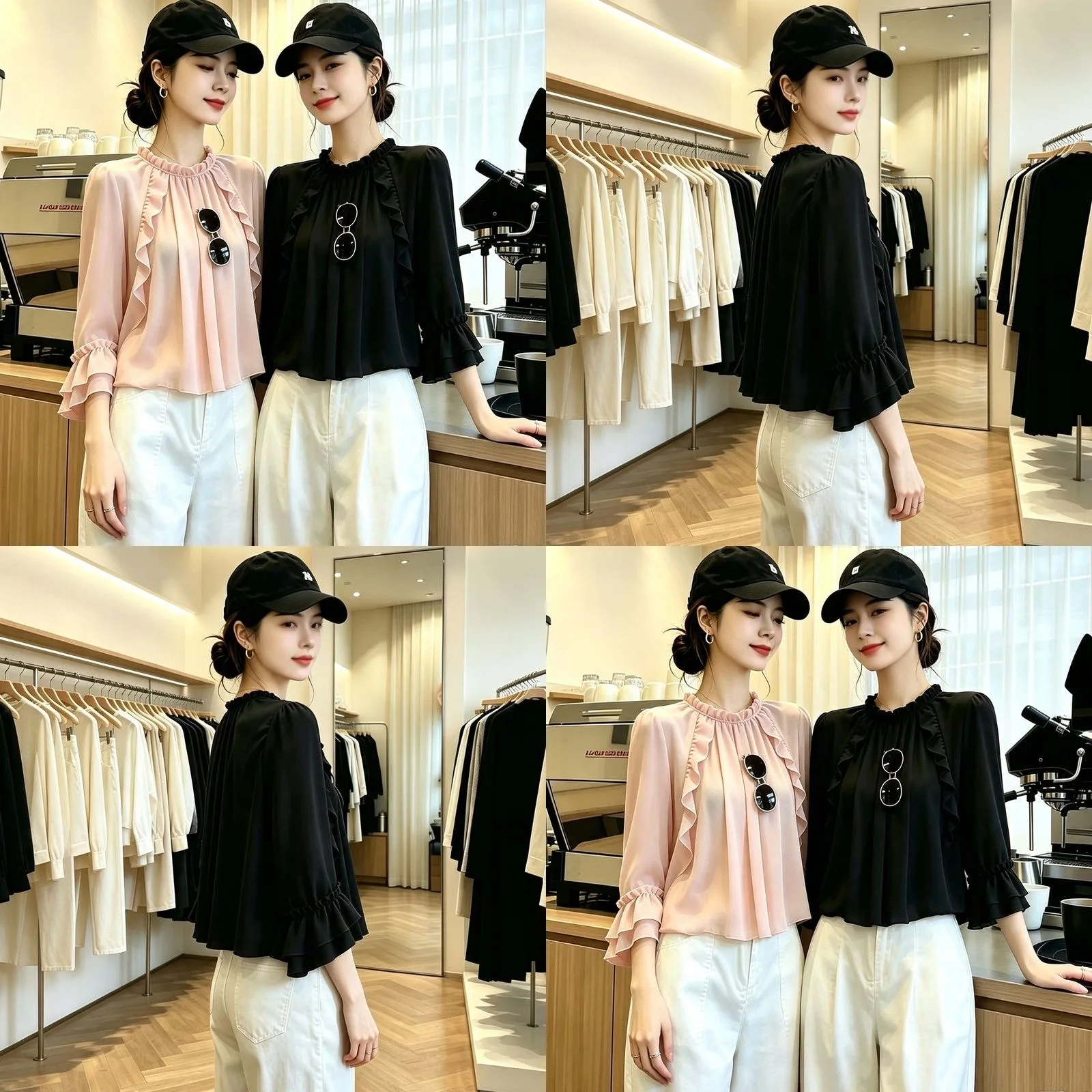 Elegant Pink Lace Trim Long Sleeve Chiffon Shirt Commute Date Style Women's Top Breathable Polyester Fiber round Neck Seven B...
