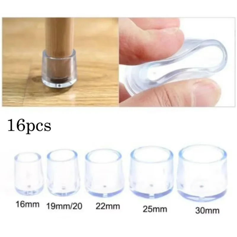 16Pcs 16/19/25/30mm Chair Leg Cap Rubber Feet-Protector Pads Non-Slip Transparent Table Covers Furniture Leveling Feet Decor