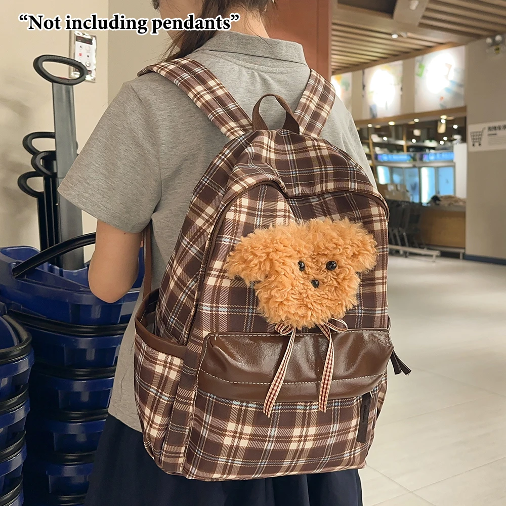 

Vintage Plaid Backpack, Casual School Bag with Faux Leather Pocket & Adjustable Straps for Teen Girls