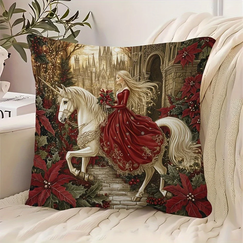 1pc Princess Riding Unicorn Christmas Double‑Sided Print Pillow Cover, Cushion Case for Sofa Bedroom, Insert Not Included