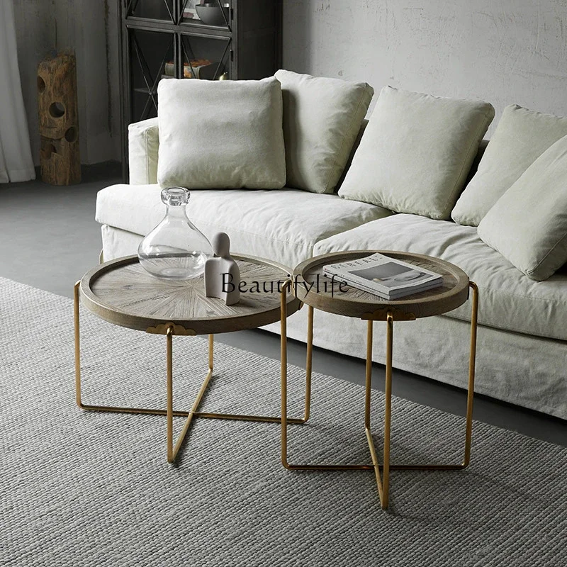

pg45Nordic Style Solid Wood Tea Table Vintage Distressed Log Corner Table round Coffee Table