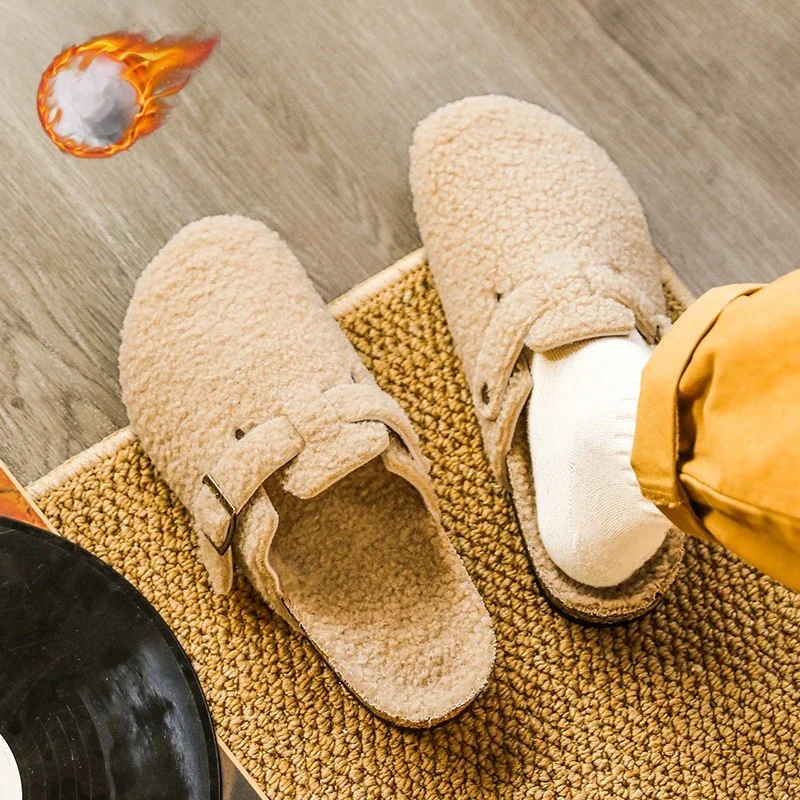 Soft Footbed Teddy Fur Mule Clogs for Men Winter Warm Plush Slide Sandals Man Brand Design Fluffy Boken Shoes Zapatos Hombre