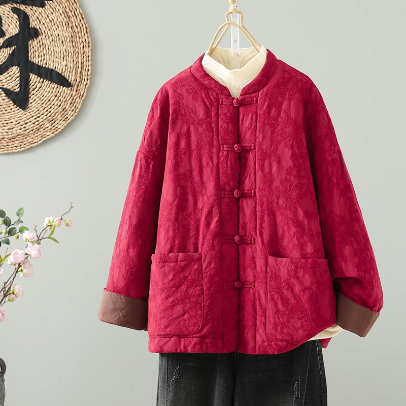 

Red Festive Winter Thiened Loose Chinese Sle Button-Up Warm Cotton Outerwear Embroidered Jaet Cotton Flannel Coat