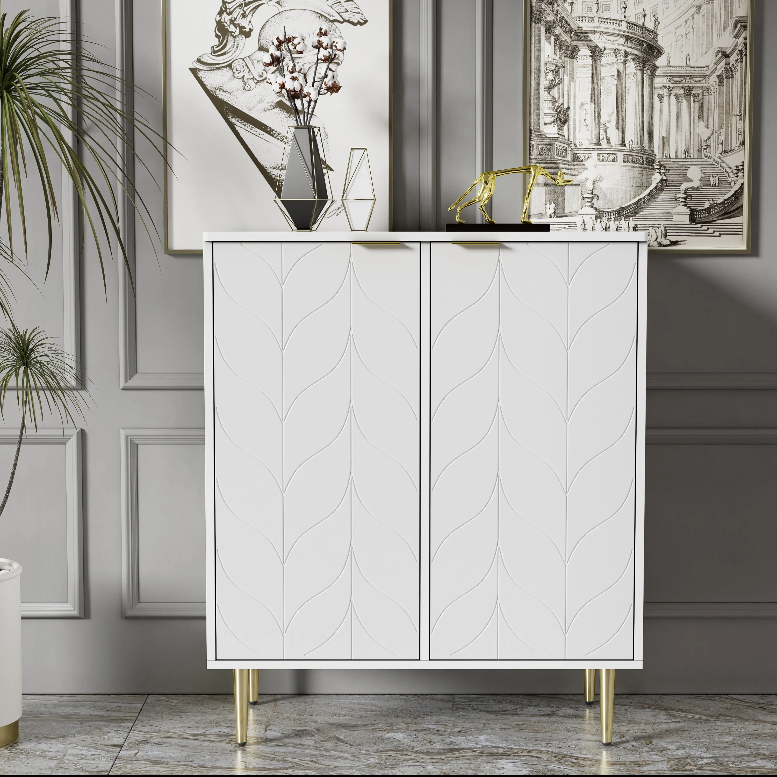 VSOGA Sideboard with 2 Doors, Hall Cabinet, Gold-Plated Feet and Handles, 3 Shelves, 6 Compartments, 75W*40D*90H