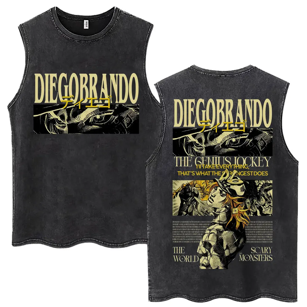 Anime JoJo Bizarre Adventure Diego Brando Washed Tank Tops Men Women Y2k T Shirt Casual Cotton Loose Sleeveless Vests Streetwear