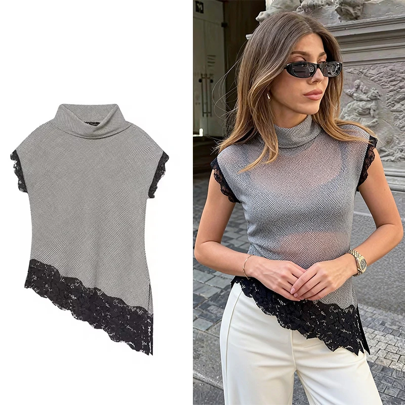 

Stand Collar Corset Top Women Houndstooth Sleeveless Lace Splicing Vest Tops 2025 New Summer Lady Street Casual Short Tops ﻿