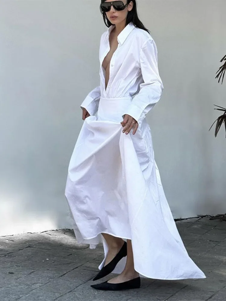 

Fmxires Fashion Loose White Cotton Women's Dress 2025 Casual Lapel Long Sleeve Ankle Length Dresses Elegant Classic Female Dress