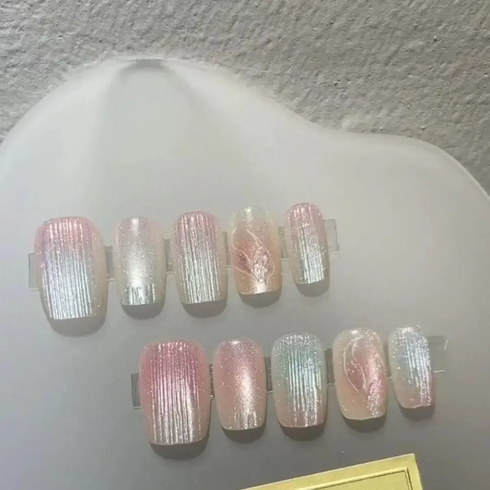 Fashion Wearable French Fake Nails Cat-eye Removable Gradient Nail Art Rhinestone Square Head Nail Tips Women