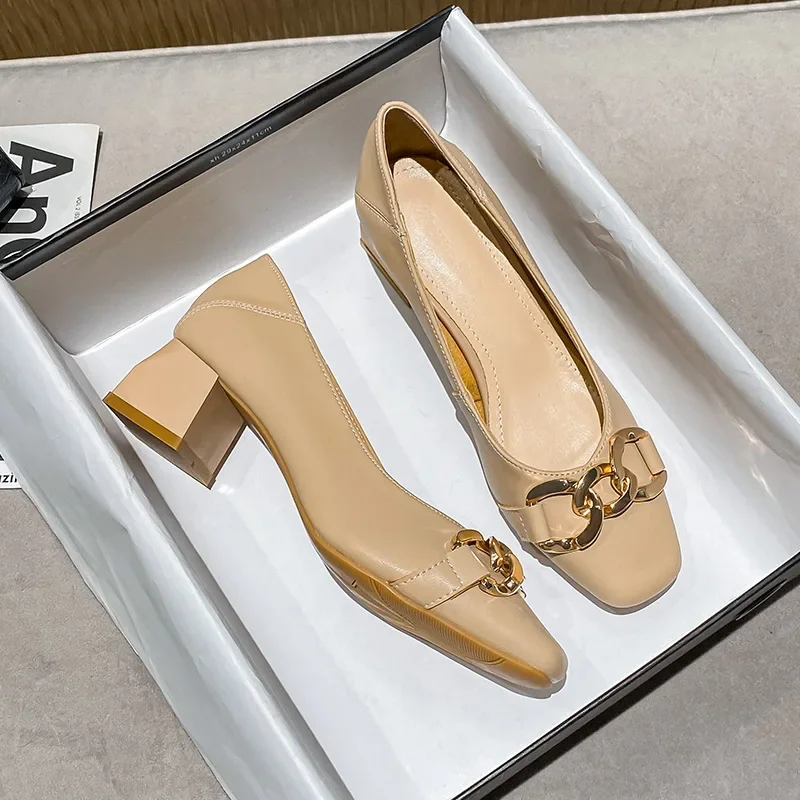 2024 Fashion Women Pumps Metal Decoration Square Toe 4.5CM Square Heel Spring New Mid Heel Shallow Mouth Square Head Women Shoes image 2