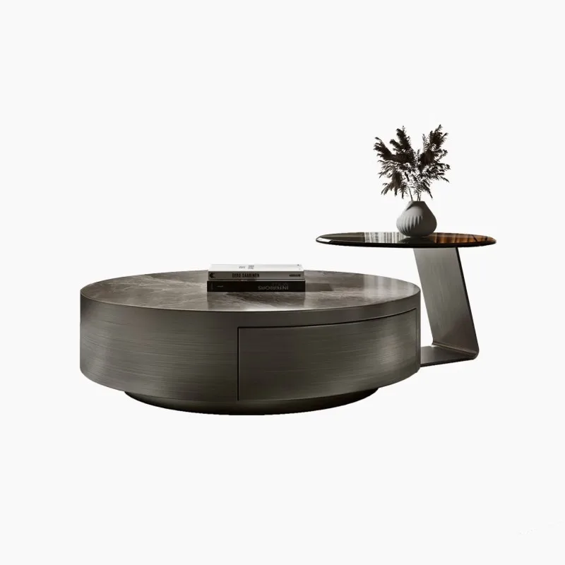 

Italian light luxury modern small apartment stainless steel round, living room household rock slab coffee table combination