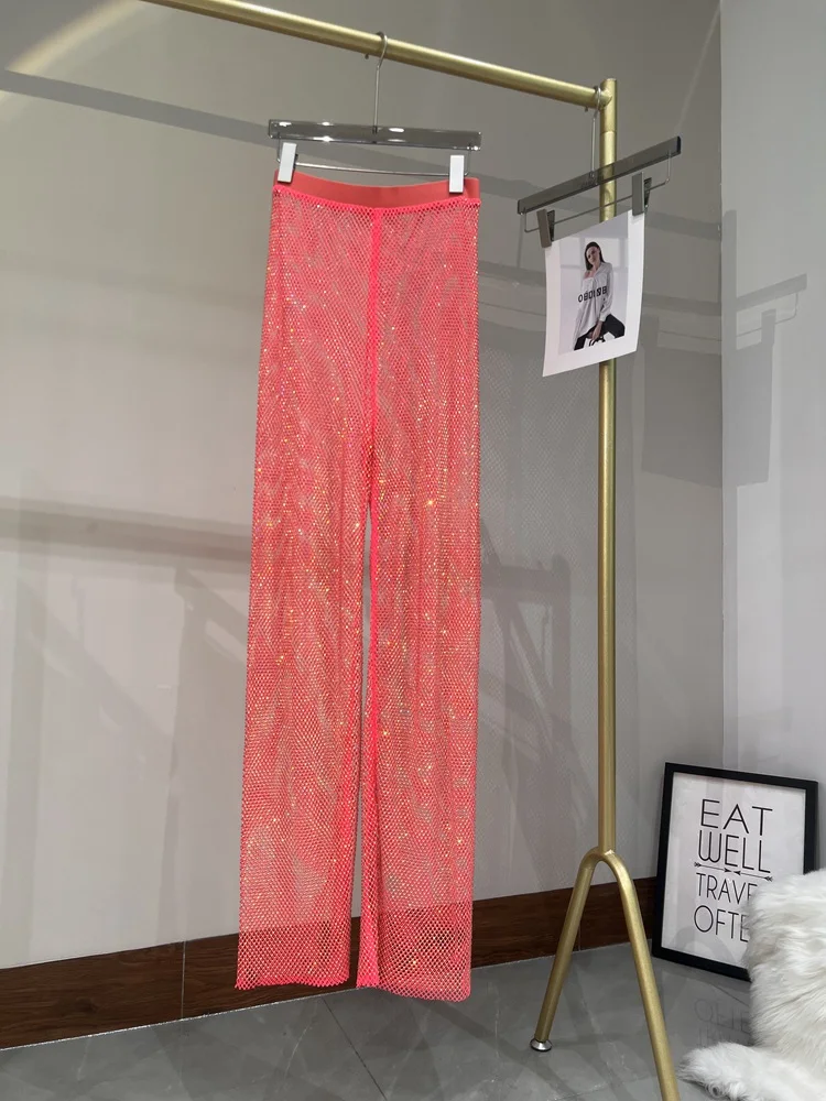 Sommer Sexy ausgehöhlt europäischen und amerikanischen Wind AB Farbe Diamant Flash Grid Strass weitbeinig Hosen Nachtclub