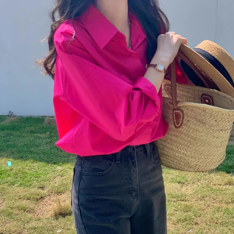 

Street Sle Pink irt женский весенне-осенний повседневный топ цвета дракона и фруктов длинный све прямой воротник на пуговицах