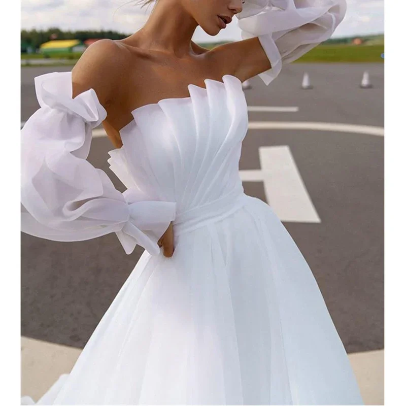 French White Organza Strapless Wedding Trailing Dresses for Bride 2024 Elegant Long Sleeve Prom Evening Guest Party Women Dress