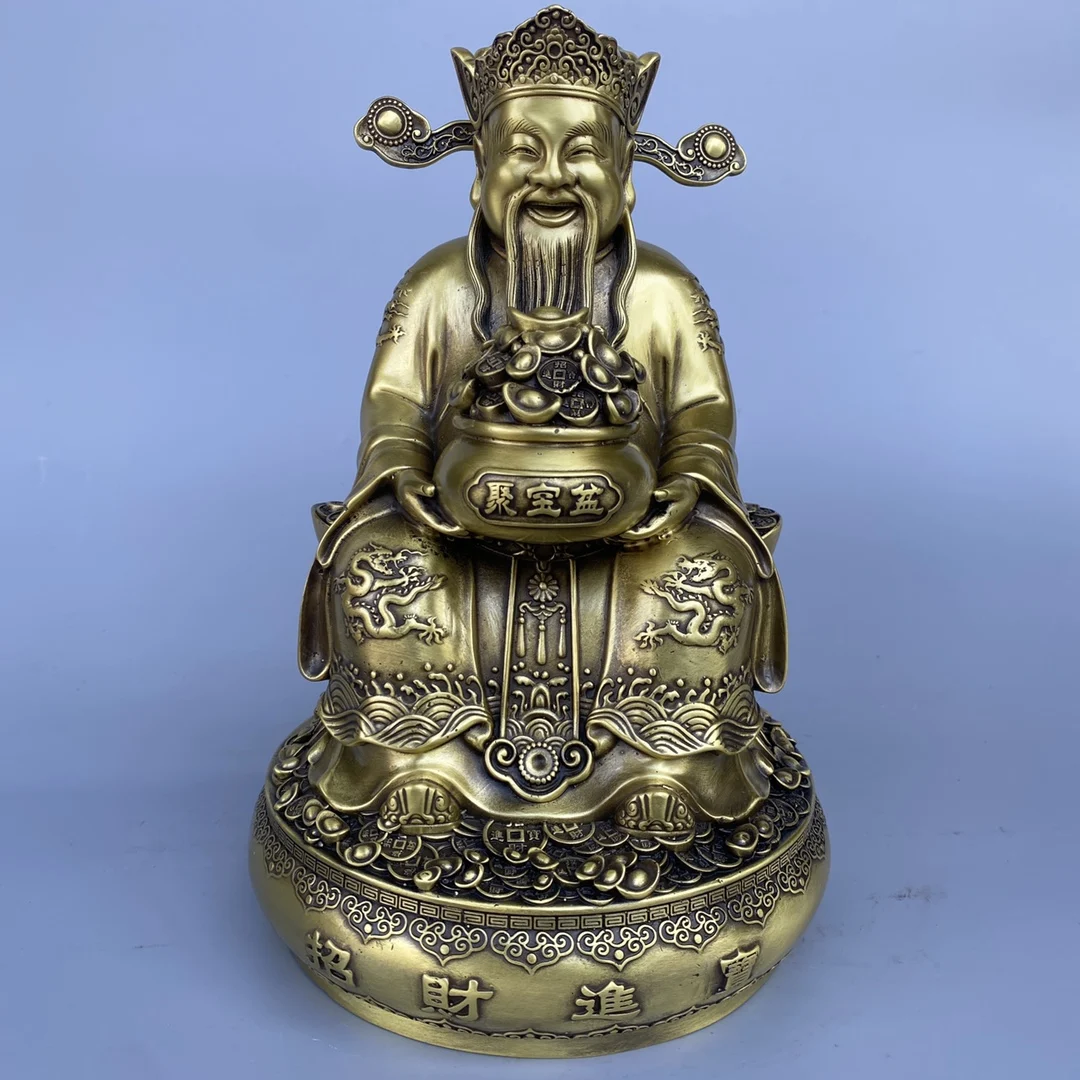Brass Wealth Deity Treasure Bowl Elegant Pure Copper Figure Living Room Entryway Decoration Traditional Feng Shui Home Ornament