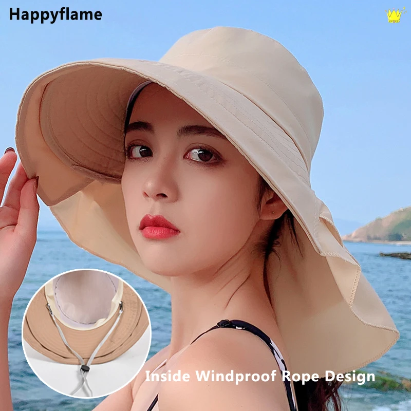 Women Hats Small Head Circumference Hidden Ponytail Cap Big Brim Hat Anti-UV Sun Hat with Neck Flap Beach Sombreros Mujer Verano