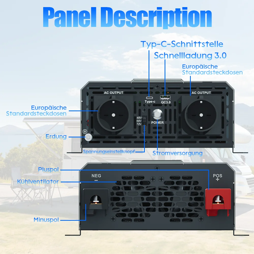 ZeroEra 48V/60V/72V Reiner Sinus-Wechselrichter 3000W Ausgangsleistung zu AC 230V 50Hz mit EU-Steckdosen, Fernbedienung, LCD-Bildschirm für Wohnmobil, LKW, Camper, Reisen, Zuhause, EU-Lagerbestand – Detail 9
