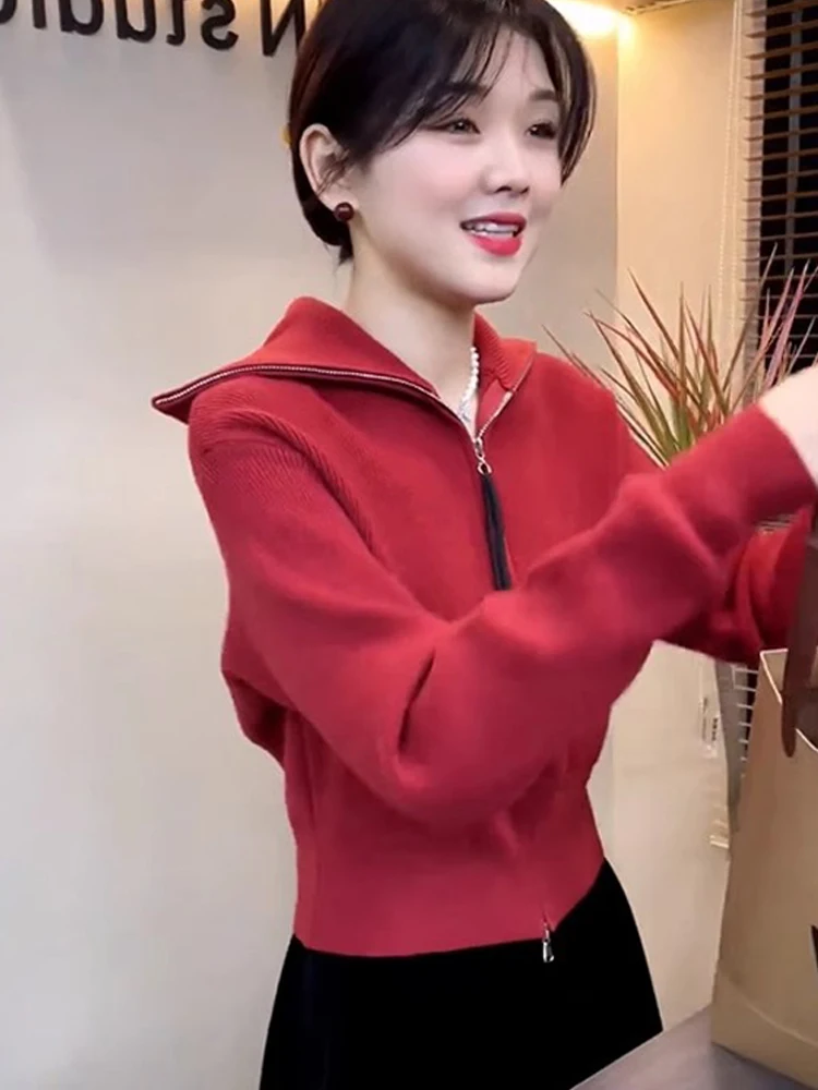 여성용 카메레 오픈 가디건 롱 슬리브 턴다운 칼라 지퍼 디자인 니트 스웨터 출퇴근용 가을 겨울 신상품...