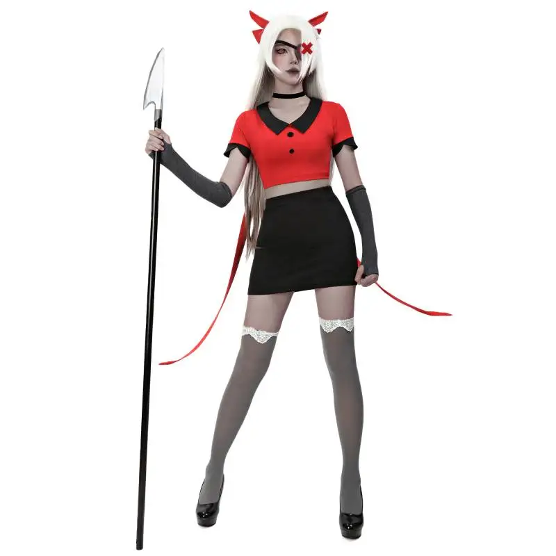 DAZCOS Vaggie 코스프레 의상 애니메이션 유니폼 Hazbin Suit 레드 코스프레 의상 여성용 할로윈을위한 전체 세트 유니폼 복장