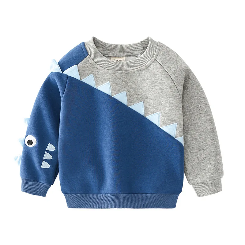 Blue-Grey Contrast Color Boys' Fleece O-neck Sweatshirt, Casual cartoon Long Sleeve Kids Cotton Blend Pullover Ages 3-8 Optional