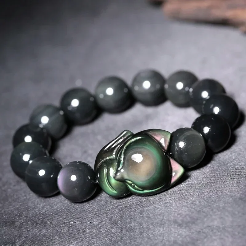 Natural obsidian Fox Bracelet Men Women healing gemstone fine jewelry genuine Rainbow black obsidian Celestial Eye Fox bracelets