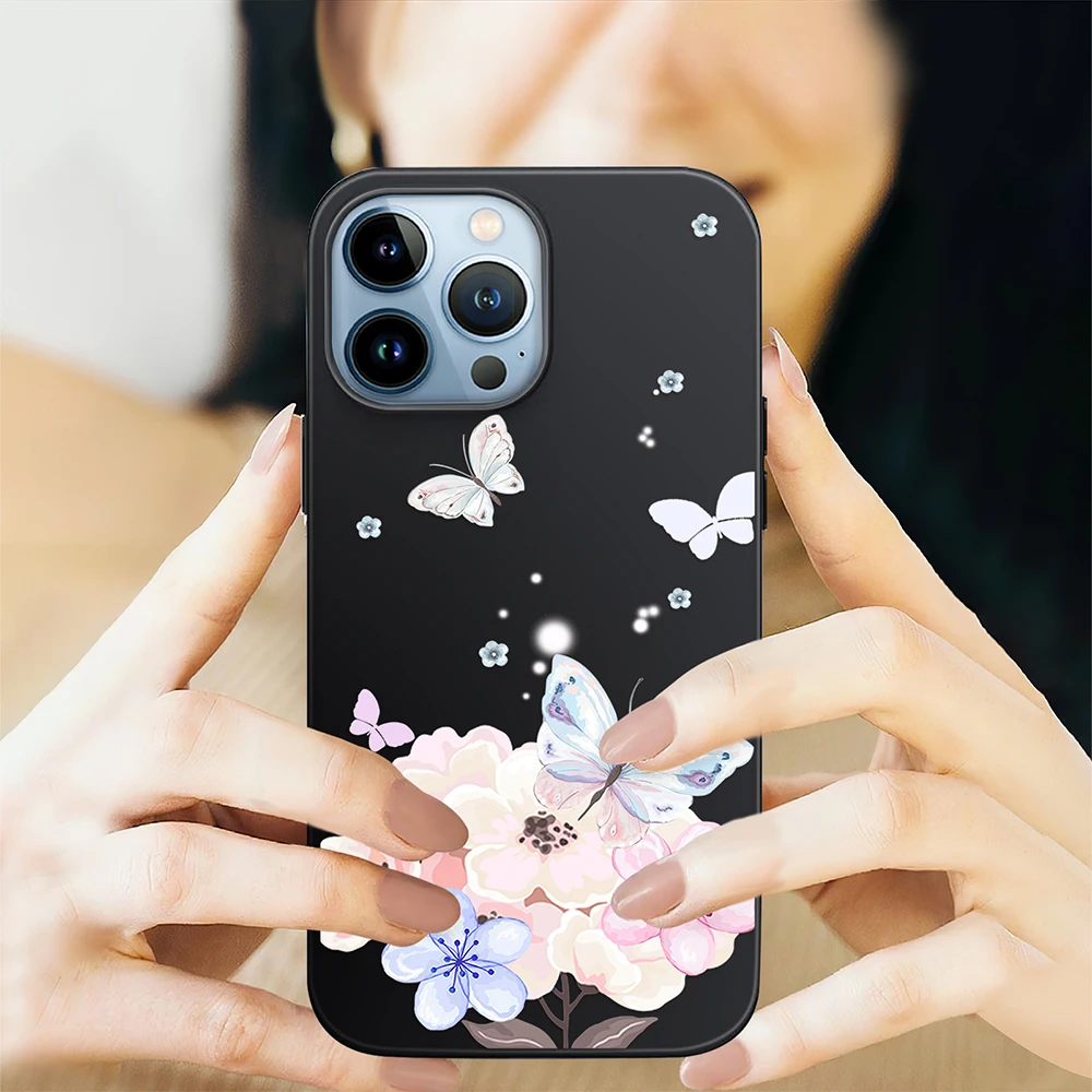 Petal Phone Case For iPhone 14 ProMax 13 mini Flower Soft Cases 12 11 Pro 7 8 Plus XR XS Max SE 2022 6 Black TPU Cover Fundas