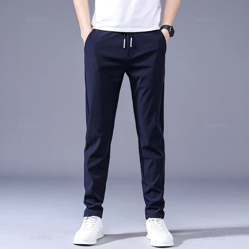 Summer Men\'s Casual Pants Thin Soft Elasticity Lace-up Waist Solid Color Pocket Applique Korea Grey Black Work Trousers Male 38