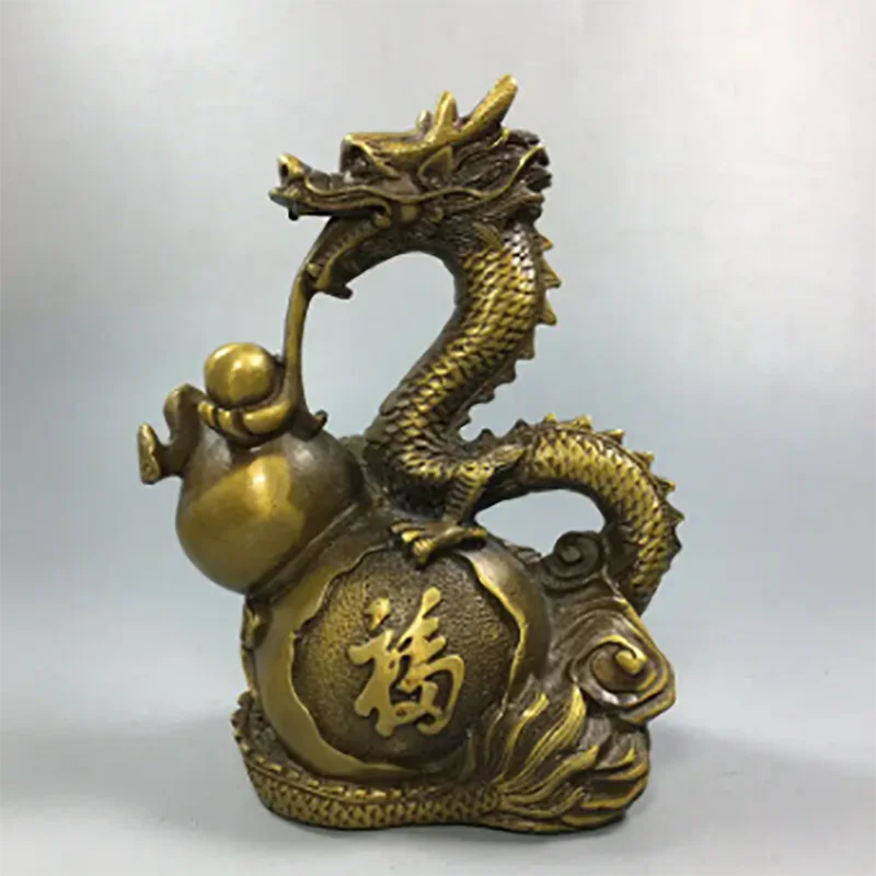 

6.89inch Antique Chinese Pure Copper Handmade Gourd Zodiac Dragon Statue