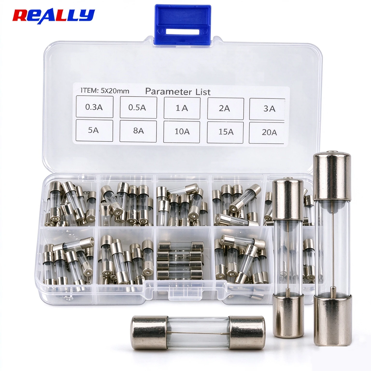 100-teiliges Set 5x20mm Schnellschmelz-Glasrohr-Sicherungen, Sortierte Kombinations-Kits, Schnellwirkende Glassicherungen 0,3A 0,5A 1A 2A 3A 5A 8A 10A 15A 2 – Detail 1