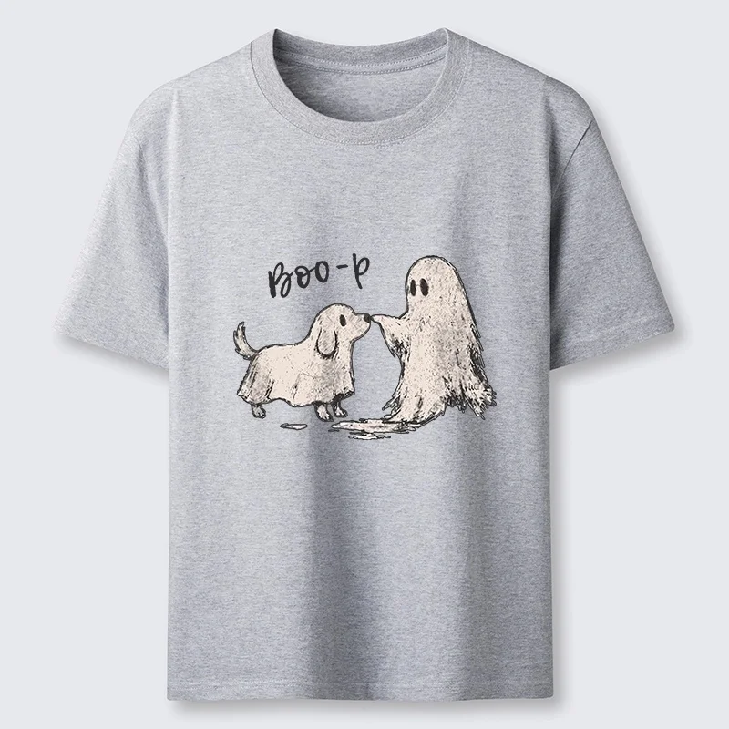 Lustiges und niedliches Geisterhund-T-Shirt mit klassischem Cartoon-Muster aus reiner Baumwolle, für Männer und Frauen im gleichen Stil, locker geschnitten, kurzärmelig, lässig. – Detail 6