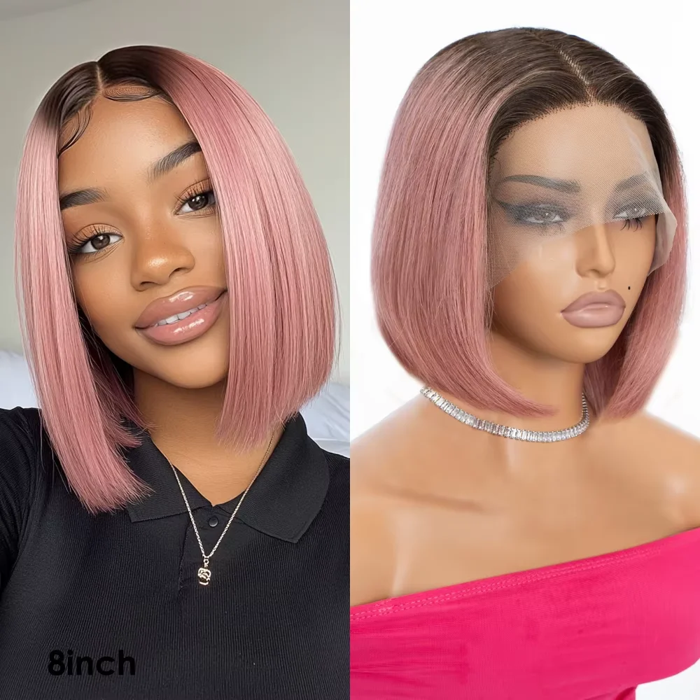 Short Cut Colored Pink Bob T Part Lace Wigs Human Hair Wigs 180D Transparent Ombre Pink Brazilian Straight Lace Front Wigs