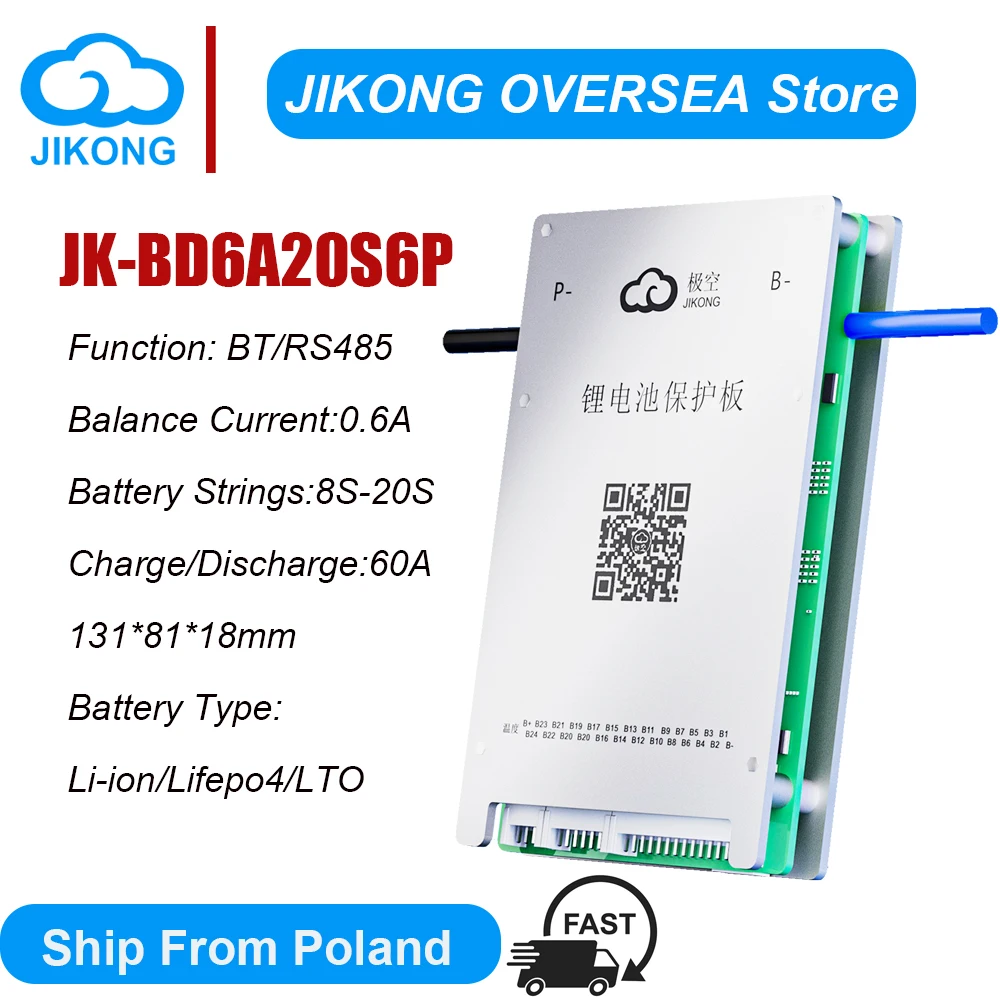 JKBMS BD6A20S6P Smart BMS 0.6A Active Balance RS485 8S 10S 12S 13S 14S 15S 16S 20S 60A for Lifepo4 Li-Ion Lto Battery Jikong BMS