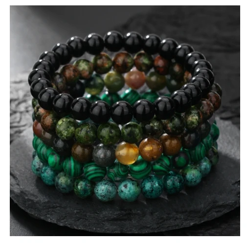 Amazon Hand Decoration 8mm Natural Agate Turquoise Green Peacock Stretch Beaded Bracelet Combo Set