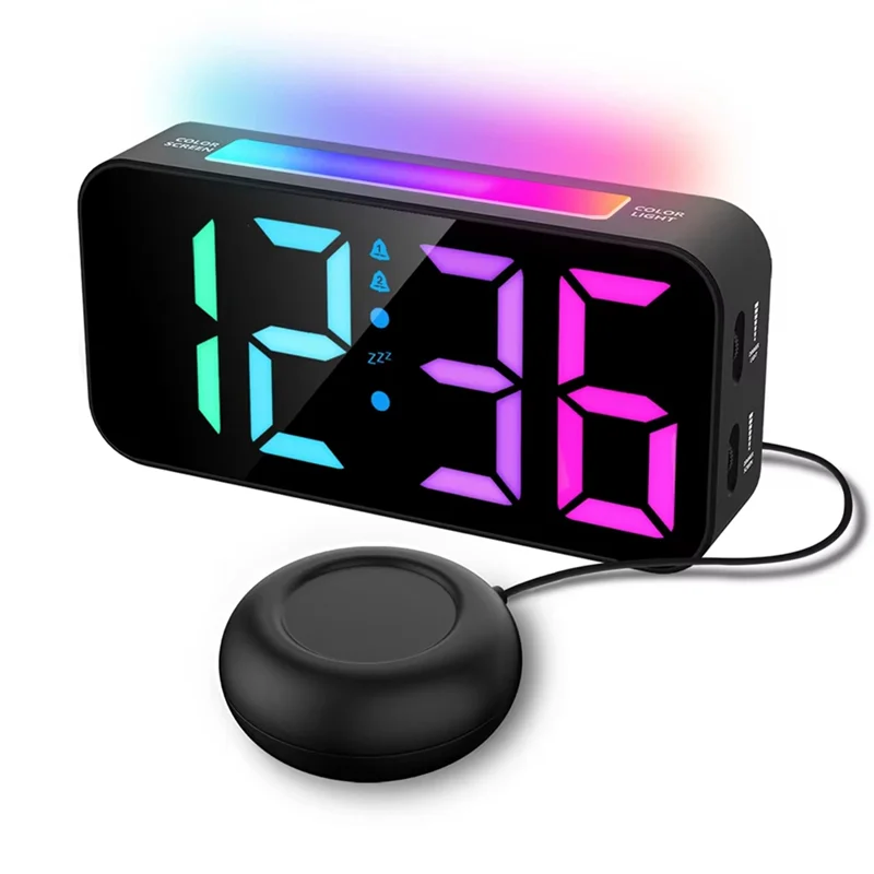 ABFY-NEW Powerful Vibrations RGB Digital Alarm Clock With Mood Light Snooze 2 Alarms USB Powered Clock For Heavy Sleeper