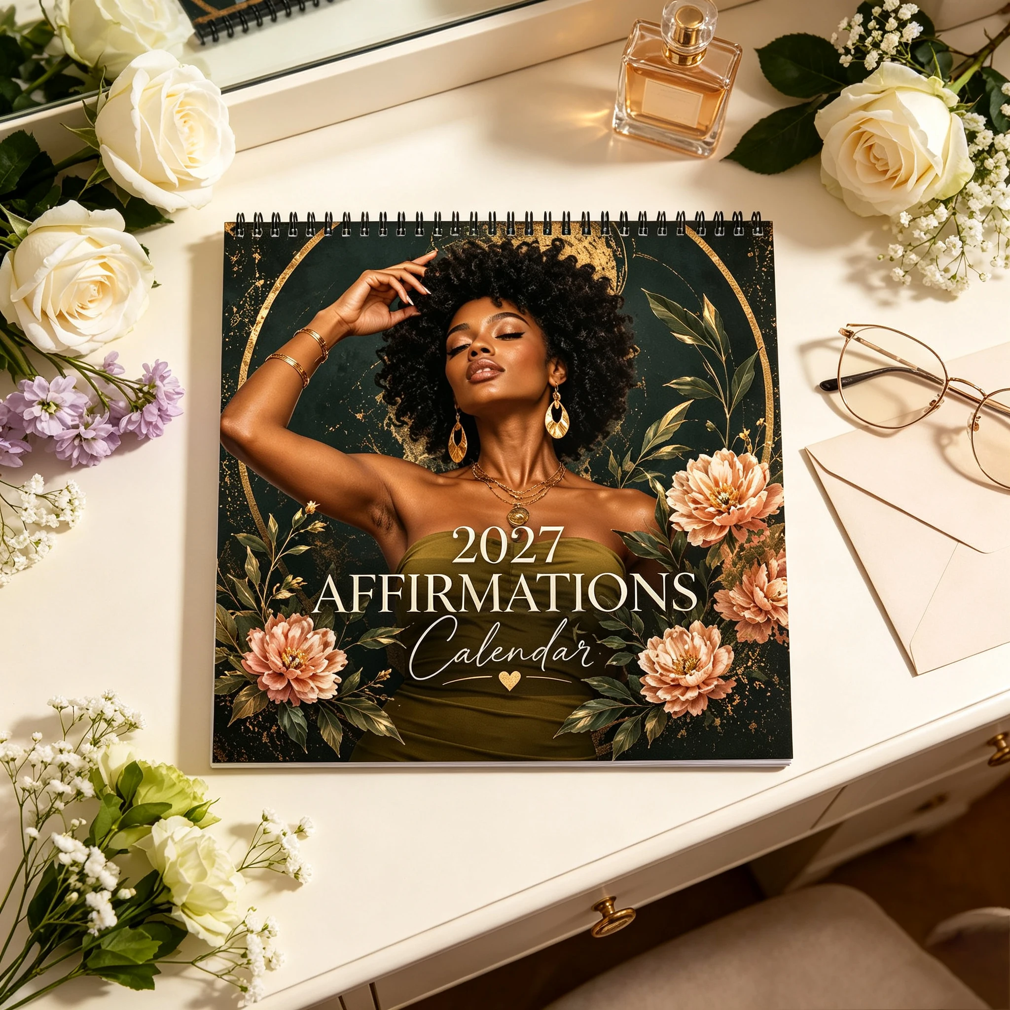 2027 Affirmations Wall Calendar, 12-Month Inspirational Self Love Calendar for Women, Green Gold Floral Monthly Planner, Positiv