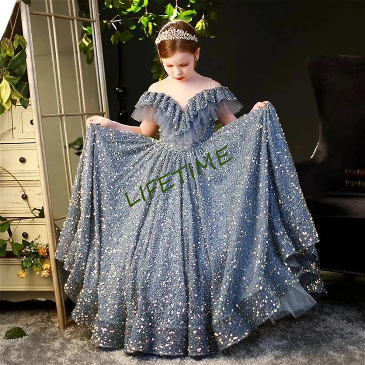 Glitter Sequins Silver Flower Girl Dress Tulle For Wedding Dress Kids Birthday Ball Gown Elegant Princess