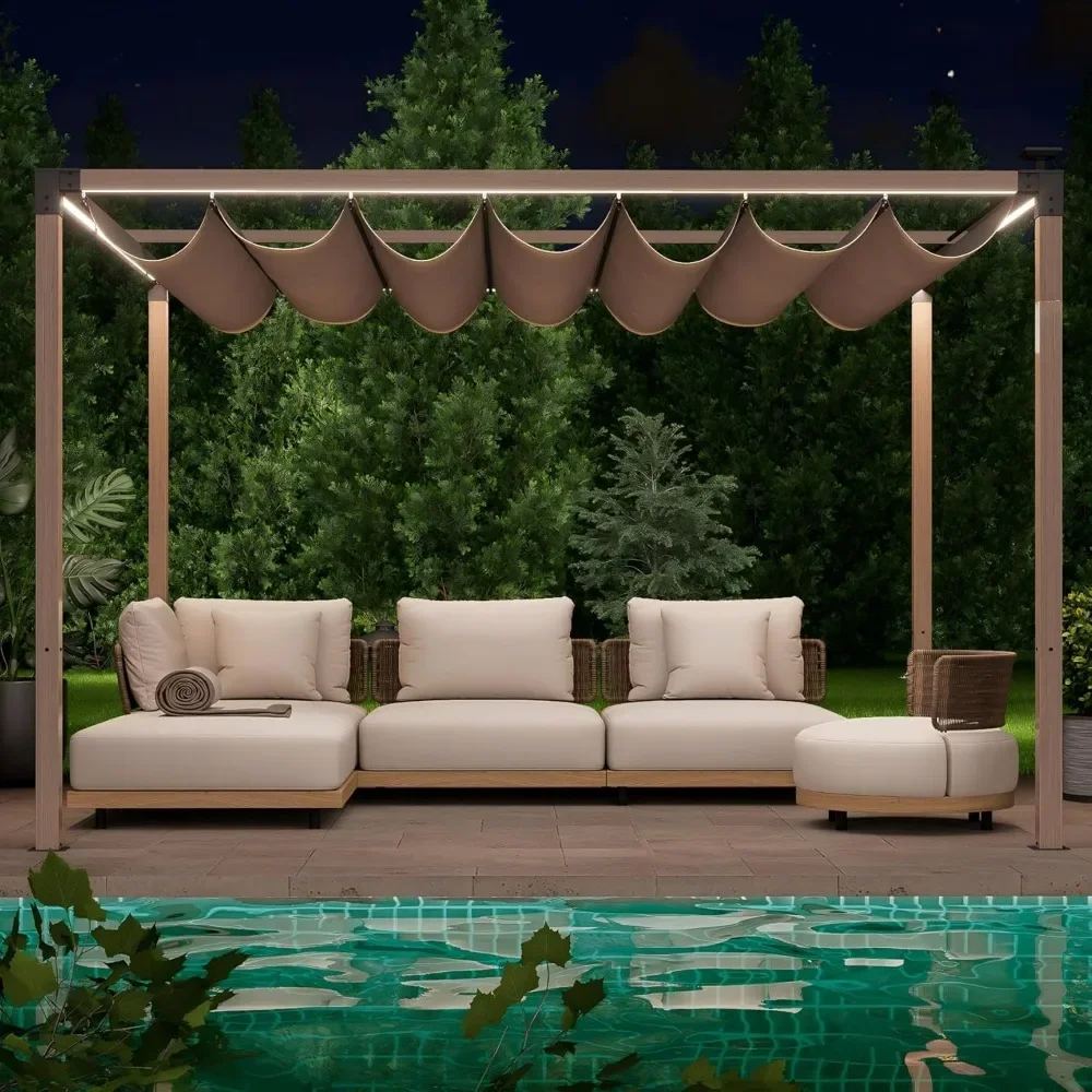 

Retractable Pergola with LED Lights, 10x12 ft Aluminum Outdoor Canopy, Modern Patio Sun Shade