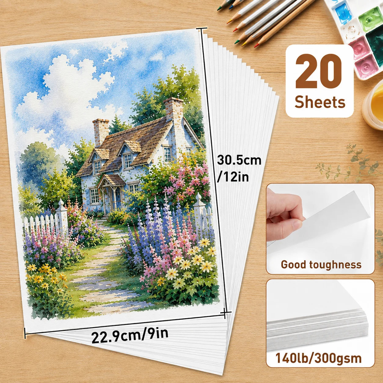 20 Sheets Watercolor Paper 9×12 in, 300gsm/140lb Heavyweight Art Paper for Painting, Watercolor, for Artists, Hobbyists & Adults