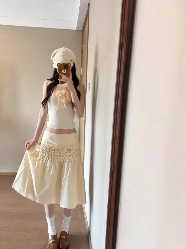 

Loose French-style and Stylish Floral Lace Ruffles Mid-waist A-line Gorgeous Midi Skirt for Summer