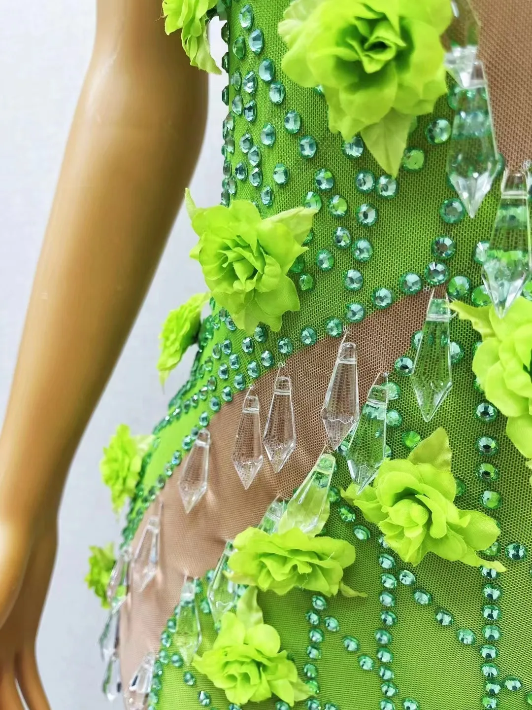 New Design Silver Green Flower Rhinestones Transparent Dress Birthday Celebrate Costume Dance Performance Photoshoot Outfit