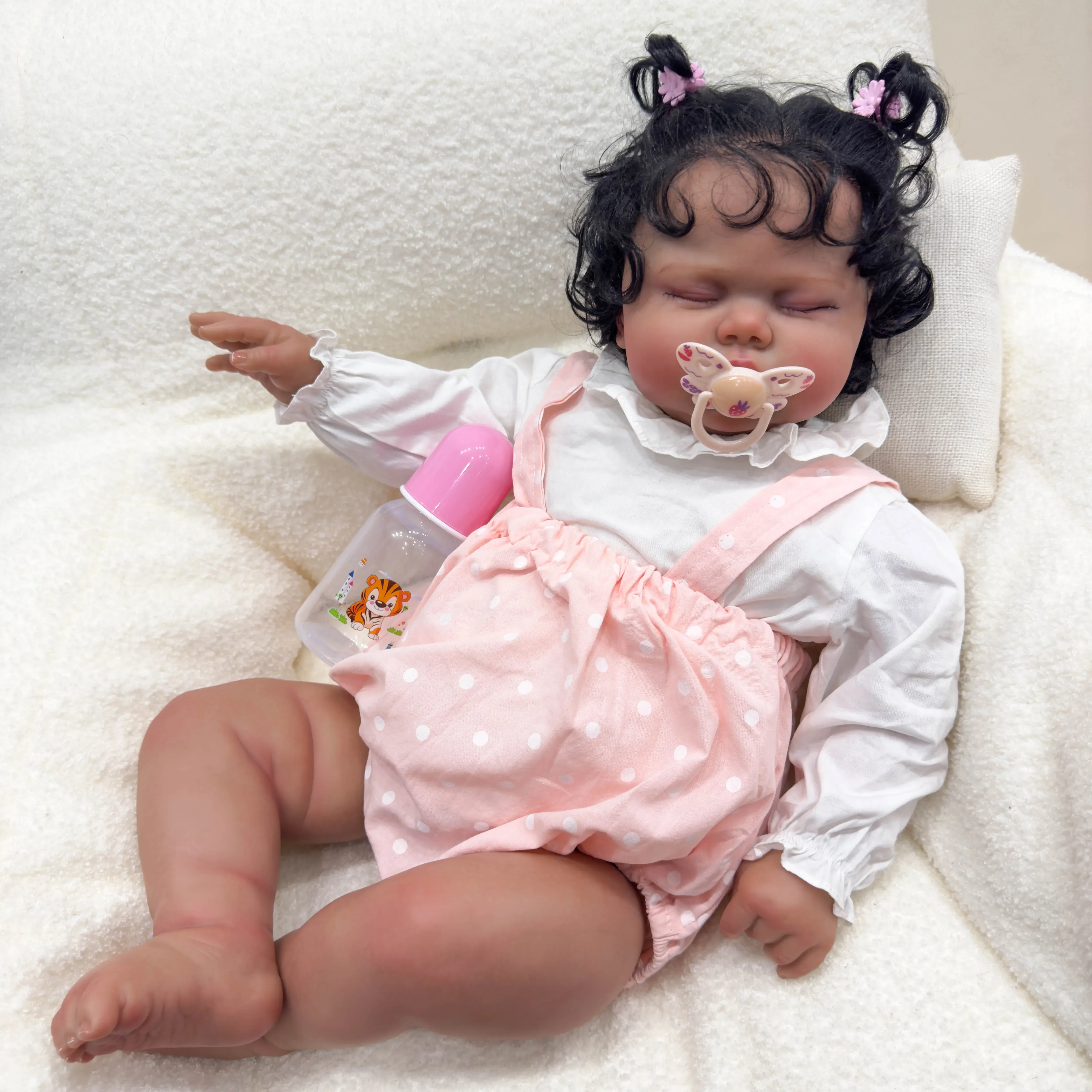 24Inch Pickle Sleeping Dark Skin Soft Cloth Body Lifelike Reborn Toddler Hand Rooted Hair Cuddly Baby Girl Doll  Baby