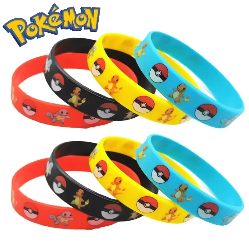 12pcs Pokemon Bracelete Kawaii Pikachu Charmander Cartoon Silicone Wristband Bracelets Party  Accessoires Birthday Gifts