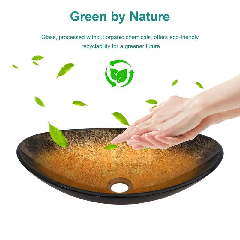 حوض أوعية من الزجاج المقسى للحرفي مع حوض ذهبي وتصريف منبثق أسود، على شكل قارب فوق حوض الحمام (بالوعة) #2